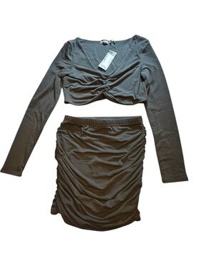 PrettyLittleThing Ruched Long Sleeve Crop Top and Skirt Set NWT Black